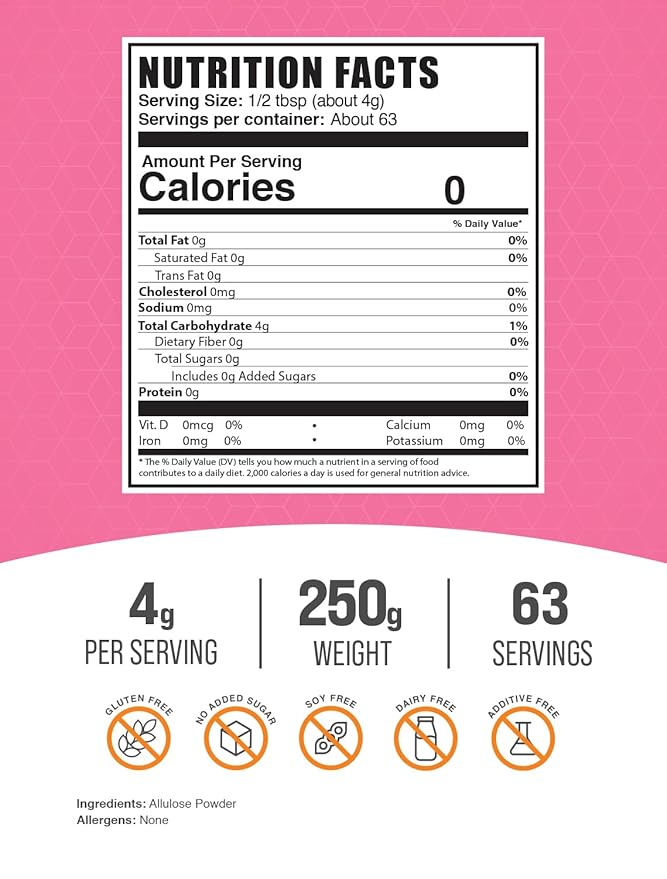 BulkSupplements.com Allulose Powder - Allulose Sweetener, Sugar Substitutes for Baking, Sugar Alternative - Pure & Gluten Free, 4g per Servings, 250g (8.8 oz) (Pack of 1)