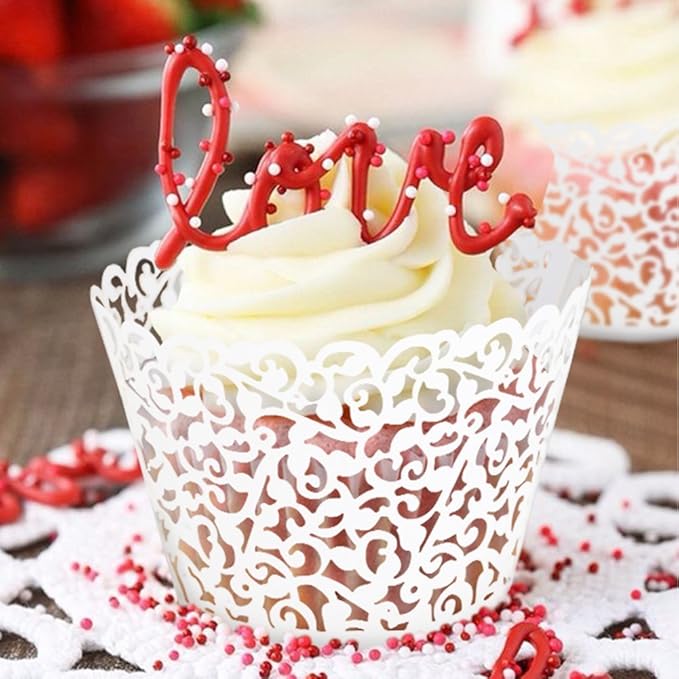 100pcs Cupcake Wrappers Artistic Bake Cake Paper Cups Little Vine Lace Laser Cut Liner Baking Cup Muffin Case Trays for Wedding Party Birthday Decoration (White)