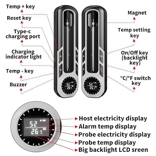 500ft Smart Wireless Meat Thermometer for BBQ, Wireless Thermometer with IP66 Waterproof, Bluetooth Meat Thermometer for Gift, Kitchen, Smoker,Grilling, Oven, Rotisserie | iOS & Android