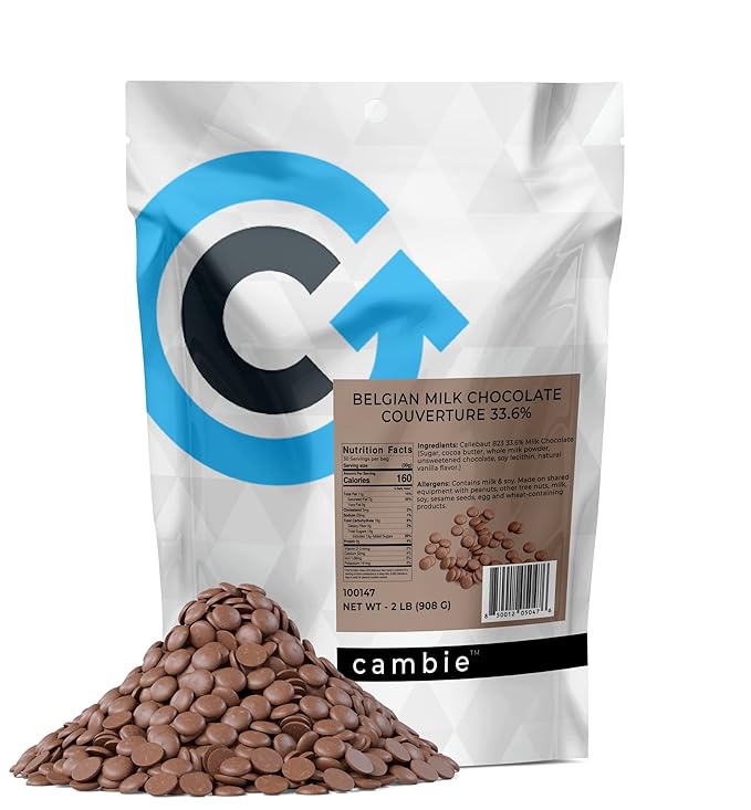 Cambie Milk Chocolate Couverture 34%, 2 Pounds of European Style Milk Couverture for Dubai Chocolate Bar, Bon Bons, Bars, Chocolatiers, Pastry Chefs, Home Bakers, and Professionals, 2 Pounds