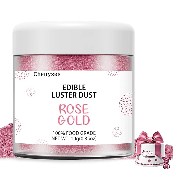 Edible Luster Dust Rose Gold10 Grams, Food Grade Cake Luster Dust Tasteless Dessert Dusting Powders for Baking Cherrysea Food Coloring Powder for Cupcakes, Cake Pops,Fondant,Chocolate, Candy
