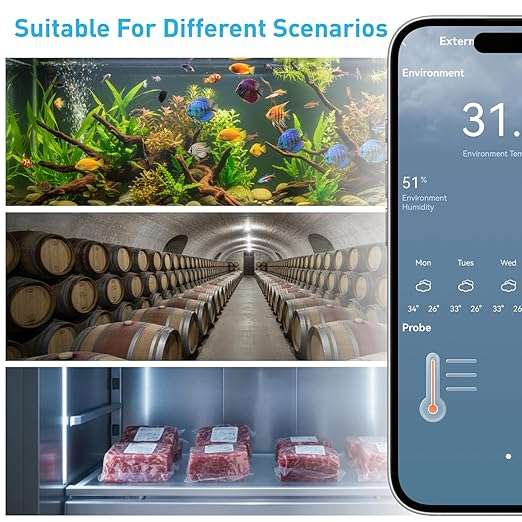 Daytech Freezer Thermometer with Room Thermometer and Freezer Alarm 2in1 WiFi Temperature Sensor with App and Email Alerts for Fridge Fish Tank Pet Cage Wine Cellar Greenhouse 1 Pack (No Hub Required)