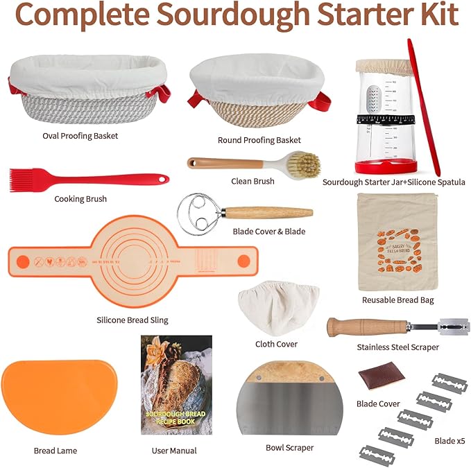 Sourdough Bread Baking Supplies, Sourdough Starter Kit, 9" Round and 10" Oval Bread Proofing Basket with Sour Dough Starter Jar, Reusable Breads Making Tools Perfect Gifts for Bakers
