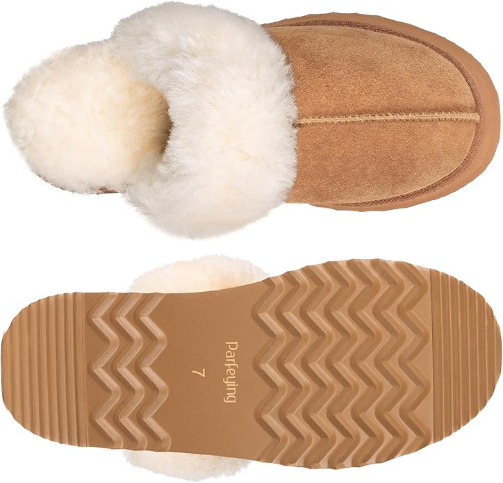 Parfeying Women's Sheepskin House Slippers Indoor Outdoor Shearling Shoes for Women