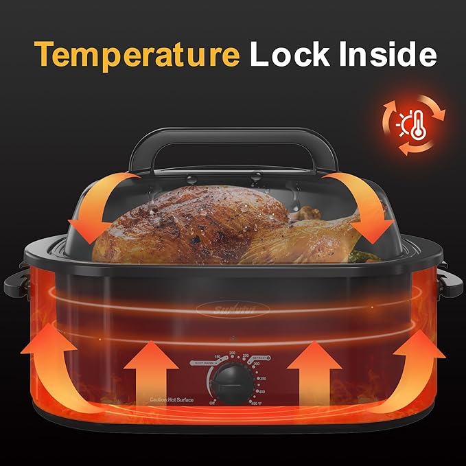 Sunvivi 26 Quart Electric Roaster Oven Turkey Roaster with Lid Electric Roasters with Removable Pan Large Roaster,Visible & Self-basting Lid, Fast Heating & Thaw/warming Setting,Red