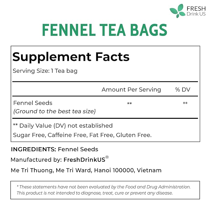 FreshDrinkUS, Premium 200 Fennel Tea Bags, 100% Natural & Pure from Fennel Seeds. Made with Natural Material Tea Bags. No Sugar, No Caffeine, No Gluten, Vegan.