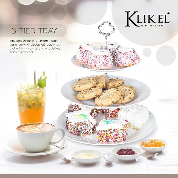 Klikel 3 Tiered Serving Stand -Silver Serving Tray for Parties - Round Platter for Cupcakes Fruits Dessert or Tea - Cake Pop Stand and Buffet Server