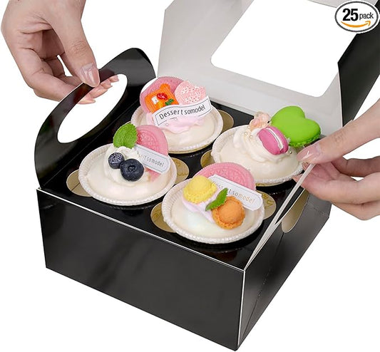 25 Black Cupcake Boxes, 4 Count Cupcake Containers with Window and Inserts, 6.3×6.3×3 Inches Cupcake Holders for Cupcakes, Muffins, Cookies, Desserts, Pastries