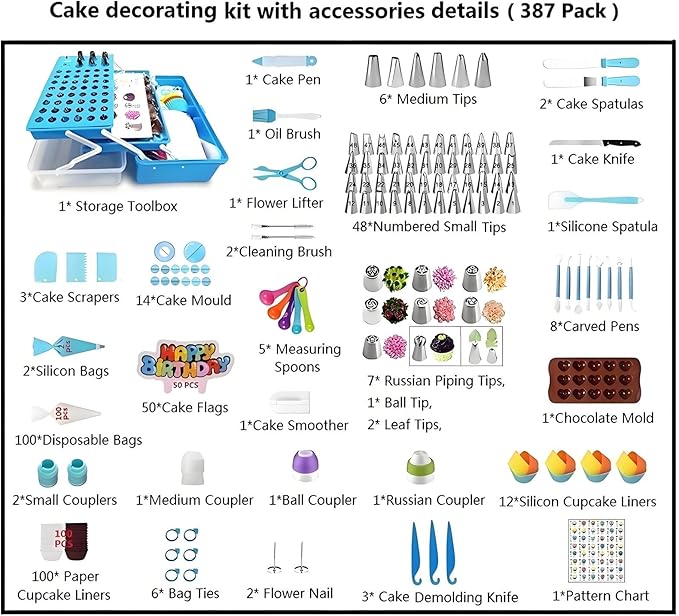 387 Pcs Cake Decorating Kit Piping Bags and Tips Set,with 64 Icing Tips,102 Pastry Bags,5 Couplers,Cake Spatulas,More Cupcake Cookie Decoration Tools,Toolbox, (Blue)