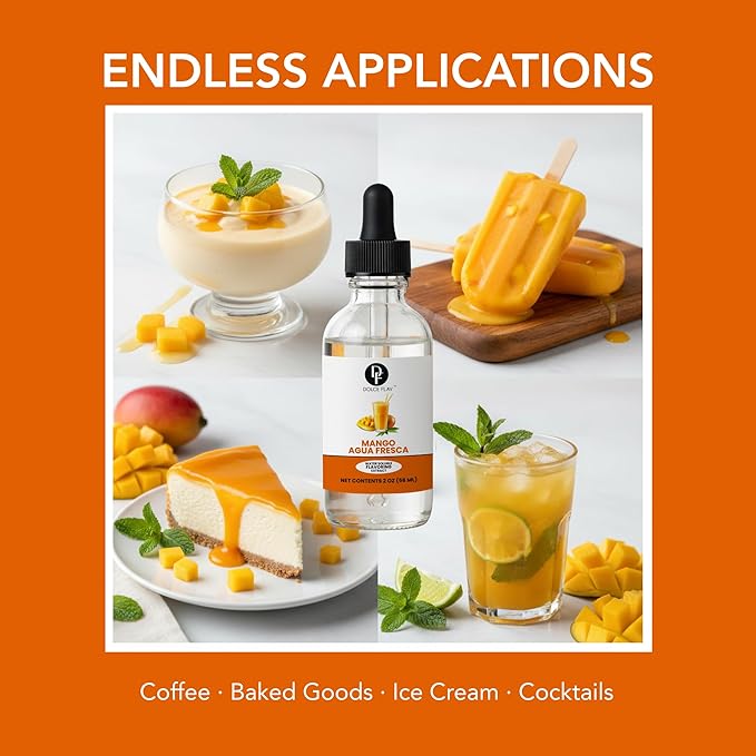 Dolce Flav Natural Mango Agua Fresca Extract, Water-Soluble – 2 oz | Tropical Ripe Mango Flavoring for Beverages, Desserts & Syrups – Sugar-Free, Kosher, Allergen-Free