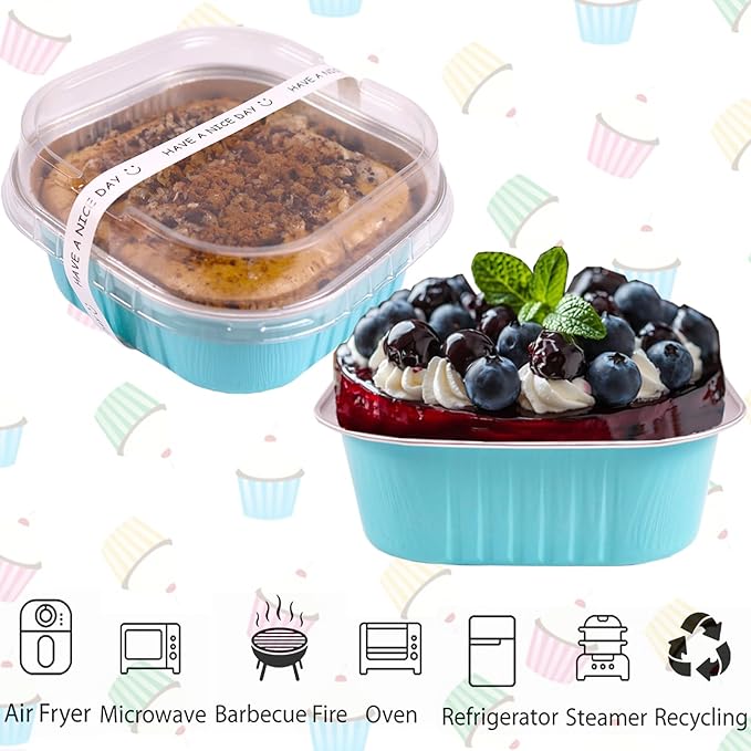 10oz Mini Cake Pans With Lids 50 Pack Aluminum Foil Square Brownie Baking Cups,4”x4” Disposable Loaf Pans With Lids and Spoons Stickers,Large Cupcake Pans Muffin Cake Tins Cake Container(Blue)