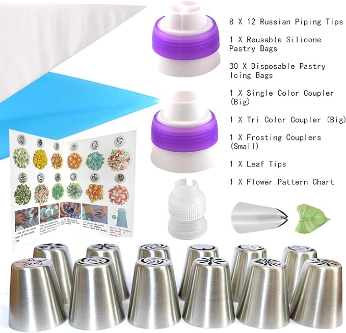 Russian Piping Tips Set, 48PCS Flower Piping Tips for Cake Decorating Large Frosting Piping Kit Icing Bags and Tips Set, Pastry Bags and Tips Cupcake Decorating Kit Cookie Baking Supplies and Tools