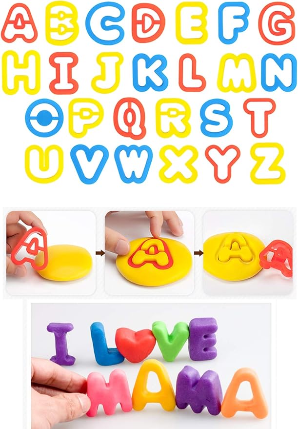 Dough Play Tools Set for Kids Letter Molds，Numeral Various Plastic Animal Molds for Creative Dough Cutting (63 Pieces)