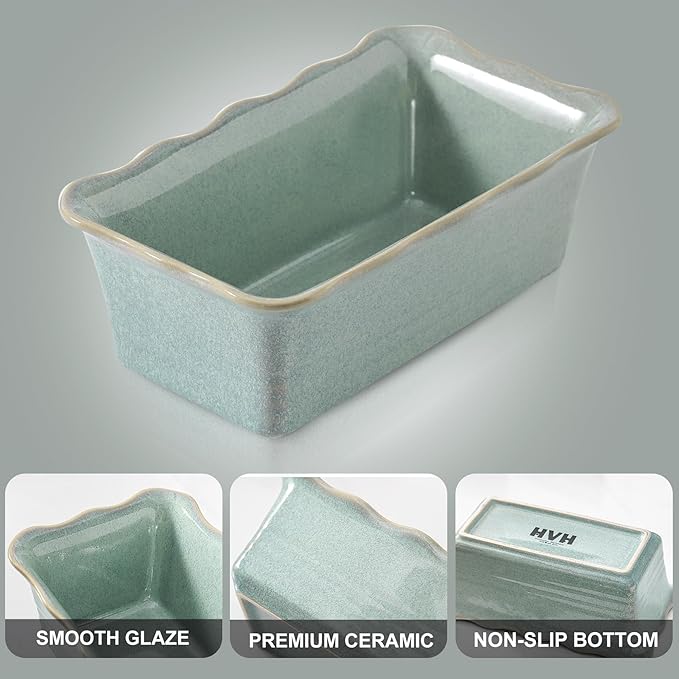 HVH Ceramic Loaf Pan for Baking Bread, Rectangular Baking Bread Loaf Pan, 9 x 5 inch Bread Pan, Bread Baking Pan for Cooking, Wave Series, Farmhouse Style (Turquoise)