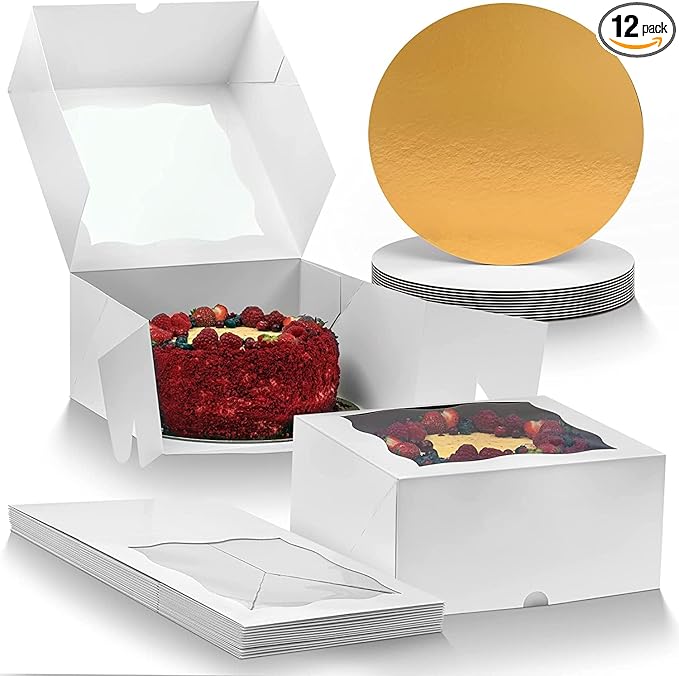 Premium Cake Boxes with Cake Boards Set - 12 Front-Loading Sturdy Cardboard Cake Boxes 10", 12 White/Gold Greaseproof Boards 10 Inch - Window Cake Box Set