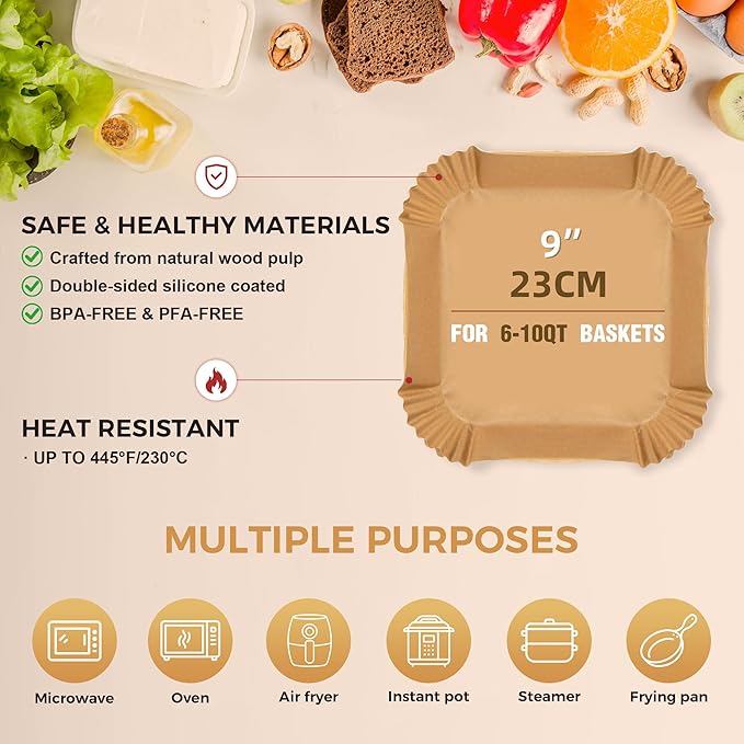 9 Inch Large Air Fryer Paper Liners, 360 PCS Square Heavy Duty Air Fryer Liners Disposable for 6-10QT Air fryer, Non-stick Parchment Baking Paper for Airfryer Basket, Roasting and Microwave