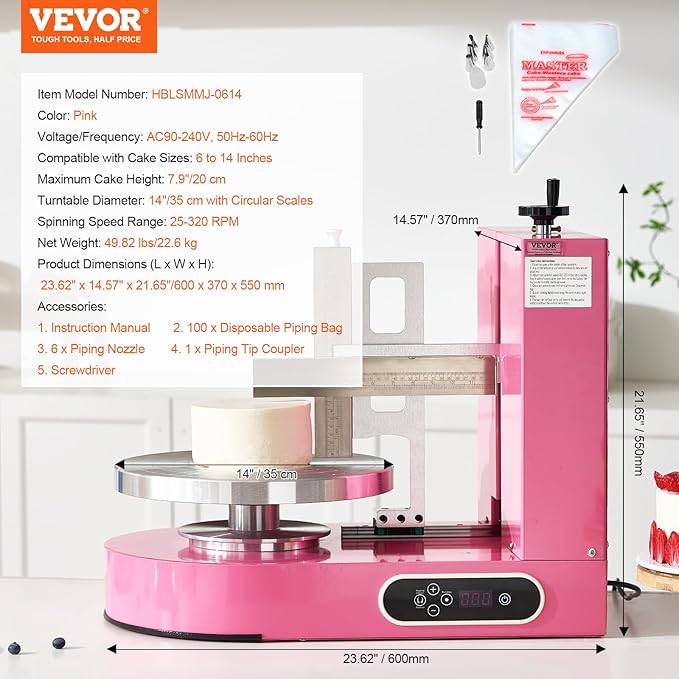 VEVOR Cake Decorating Machine, Cake Cream Spreading Coating Smearing Machine, Low Noise Cake Frosting Machine, Turntable with Adjustable Scraper, for 6" to 14" Cake, 25-320RPM Rotating Speed, Pink