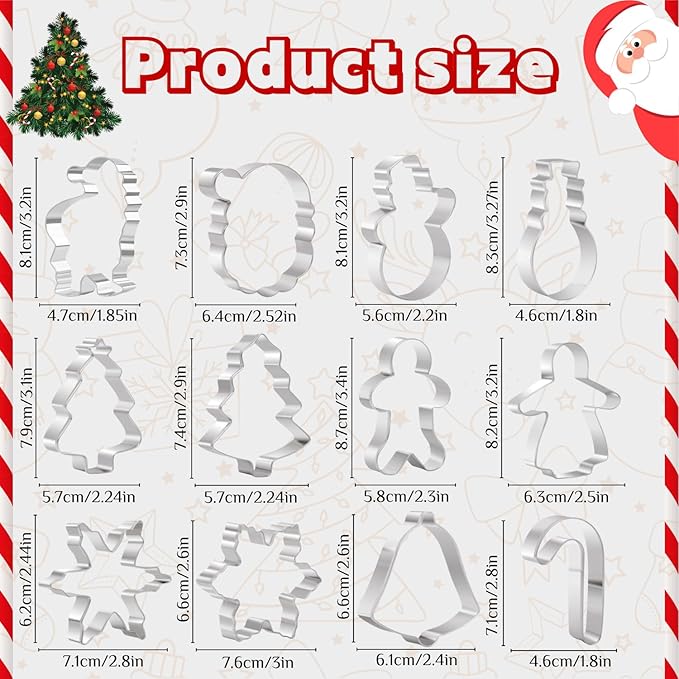 Christmas Cookie Cutters Set, 12 PCS Stainless Steel Holiday Cookie Molds - Santa Claus, Snowman, Snowflake, Christmas Tree, Gingerbread Man, Bell Shapes for Baking