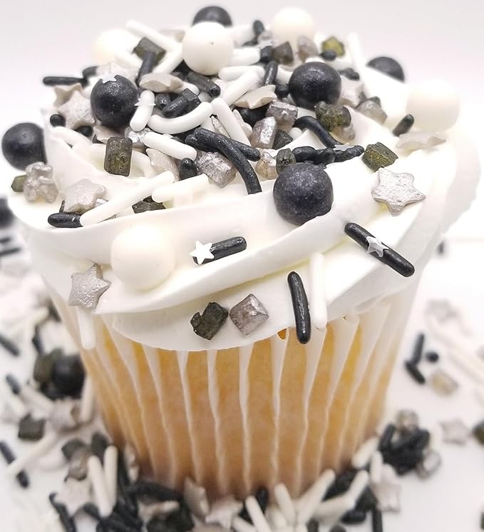 NCS Graduation Black, Silver, and White Edible Candy Sprinkle Mix, 8 ounces - Great for Cupcakes, Cookies, Cakes, Cake Pops