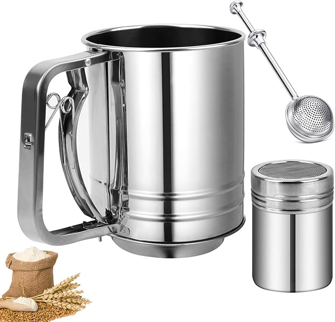 Flour Sifter, Stainless Steel 3 Cup Flour Sifters for Baking, 3 in1 Sifter for Baking with Powdered Sugar Shaker Duster and Flour for Baking Cakes, Pies, Pastries, Desserts and Cupcakes