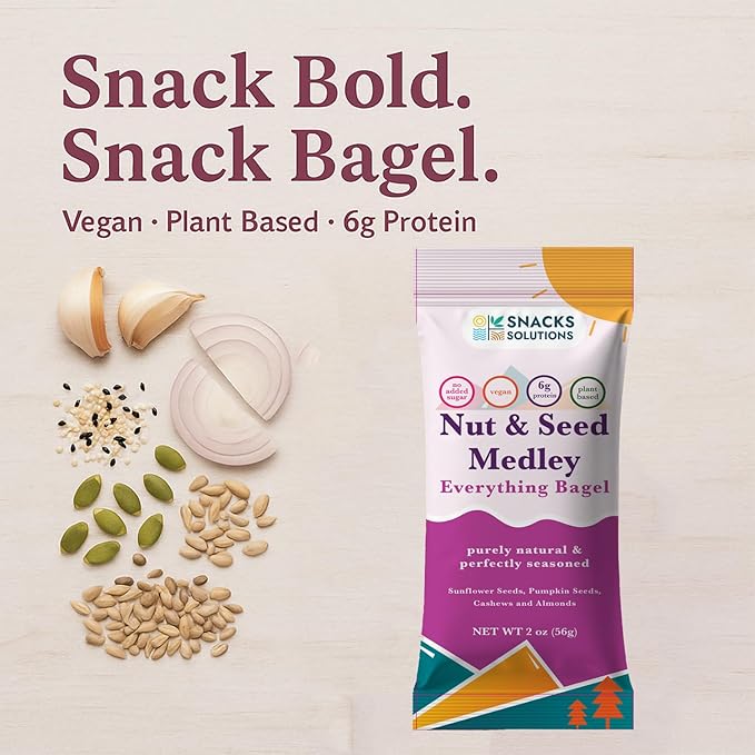Snacks Solutions Nut and Seed Medley (2 oz - Pack of 8, Everything Bagel) Gluten Free, Natural and Perfectly Seasoned, Sunflower Seeds, Pumpkin seeds, Cashews and Almonds