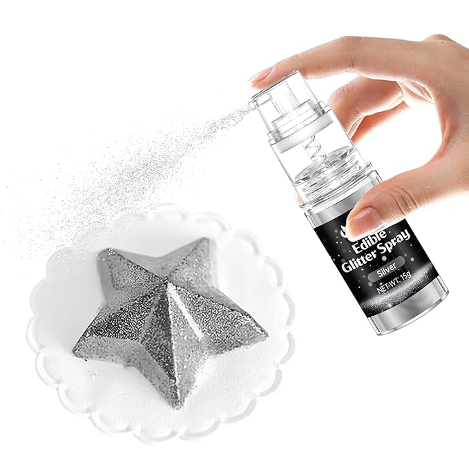 Silver Edible Glitter - 15g Edible Glitter Spray Food Grade Silver Drink Glitter for Cakes, Cookies, Cake Pops, Chocolate, Strawberries, Cocktails & Beverages