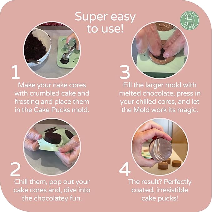 Benty Cakes – The Original CakePuck Bonus Bundle Set – Better than a Cake Pop! Make Chocolate Covered Desserts – BPA Free Silicone – Includes 1 Mold Set, 2 Trays and 2 Scrapers – Pink