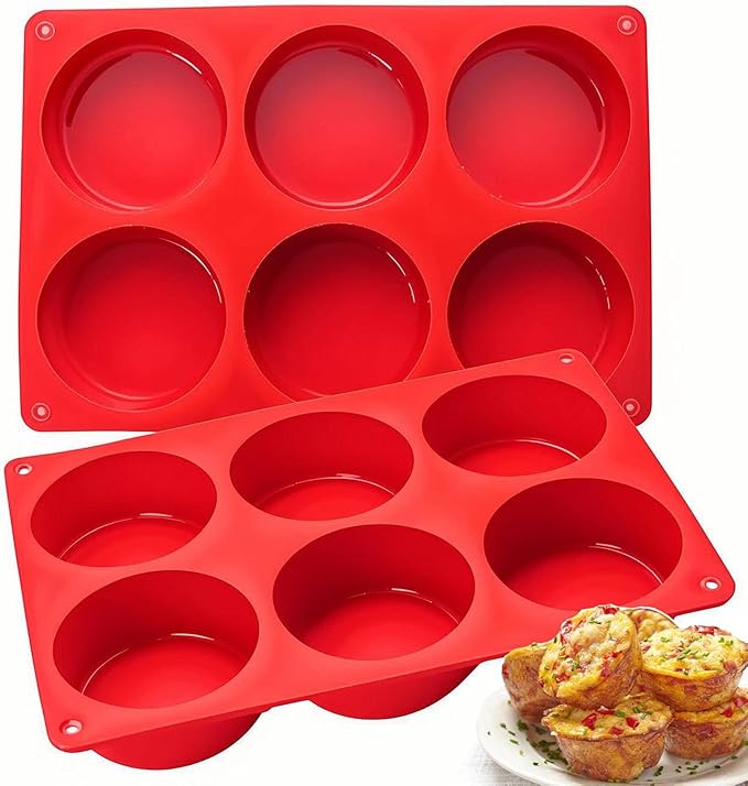 Silicone Egg Bite Molds, 2 Pack Frittata Pan, Deep 3 Inch Dash Cups, Sous Vide Round Rolls Molds for Breakfast Sandwiches, Omelets, Dinner Rolls, Baking - Red
