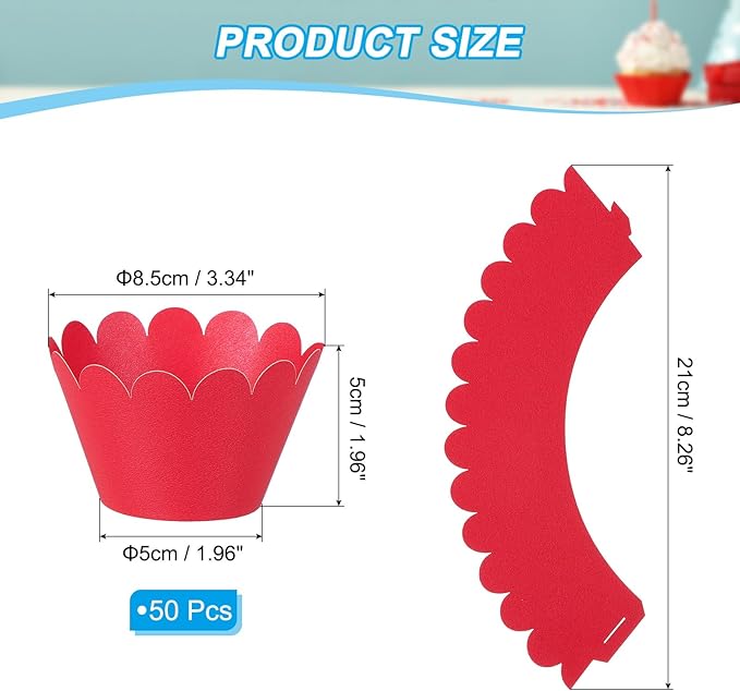 PATIKIL Cupcake Wrappers Paper, 50 Pack Baking Cups Standard Wave Decoration for Anniversary Birthday Weddings Parties, Red