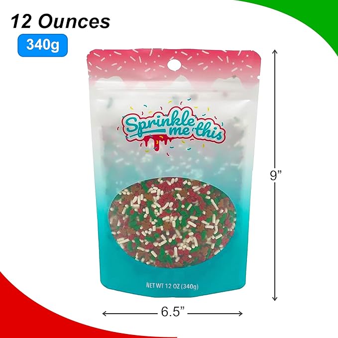 A Little Bit of Christmas - 12 Oz Resealable Stand Up Bag - Featuring Green Holly Leaves, Red Quins, Gingerbread Men, and White Decorettes - Sprinkle Me This