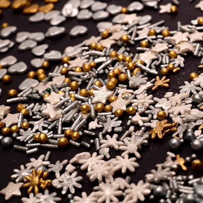 Confect Christmas Sprinkles | Grey, Gold & White Mix | Edible Star, Pearl & Flower Shaped Sprinkles | Elegant Holiday Cake & Cupcake Decorations- 5 Oz