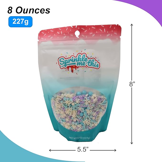 Let it Sprinkle - 8 Oz Resealable Bag - Winter and Christmas Themed Sprinkle Mix - Features Teal, Purple, and White Jimmies, Teal Pearls, and White Snowflake Quins - Cake and Ice Cream Sprinkles