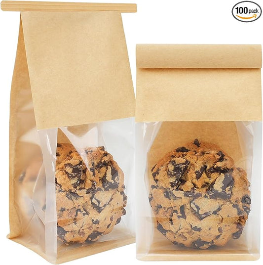 100 Pack Small Bakery Bags with Window, 3.9x3.1x8.2 Inches Tin Tie Tab Lock Cookie Packaging Bag Resealable Paper Treat Bags for Homemade Granola, Baked Goods Gift Giving