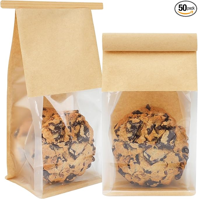 50 Pack Small Bakery Bags with Window, 3.9x3.1x8.2 Inches Tin Tie Tab Lock Cookie Packaging Bag Resealable Paper Treat Bags for Homemade Granola, Baked Goods Gift Giving