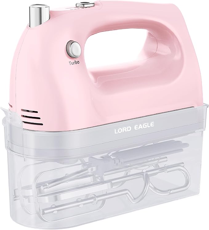 Lord Eagle Hand Mixer Electric 400W, 5 Speed handheld Mixer, 5 Stainless Steel Accessories for Baking Cake Egg Cream Food Beater, Turbo Boost/Self-Control Speed + Eject Button, Pink