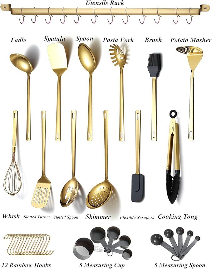 Gold Cooking Utensils Set, Kyraton Stainless Steel 37 Pieces Kitchen Utensils Set with Titanium Gold Plating, Kitchen Gadgets Tool Set with Utensils Racks Heat Resistant Dishwasher Safe