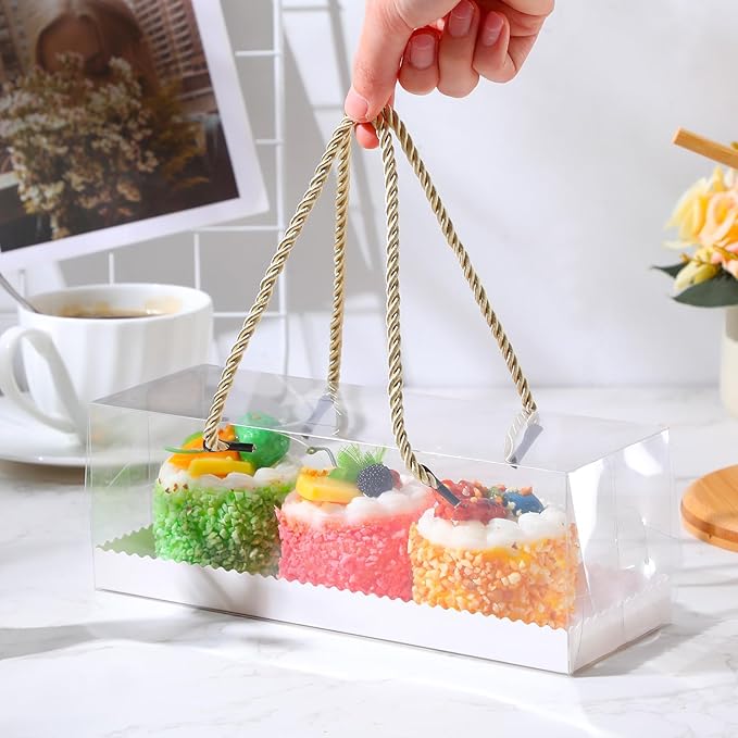 Eaasty 30 Pcs 9 x 3 x 3 Inch Clear Cupcake Boxes with Handles Portable Gable Boxes Paperboard Plastic Rectangular Cupcake Containers Dessert Cookies Bakery Gift Containers for Christmas Party