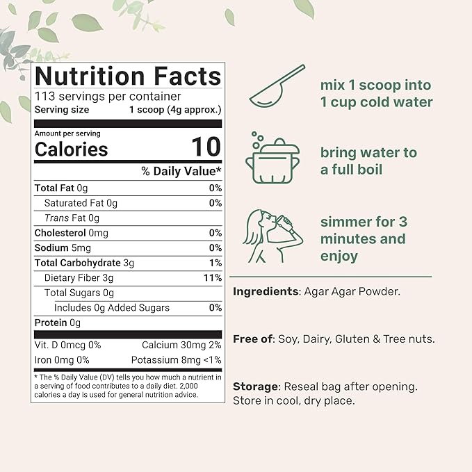 Agar Agar Powder, 1lb (16oz) | Planted-Based Source from Red Algae | Unflavored Thickening Agent for Cooking & Baking | Vegan Substitute for Beef Gelatin | Non-GMO, Vegan Friendly