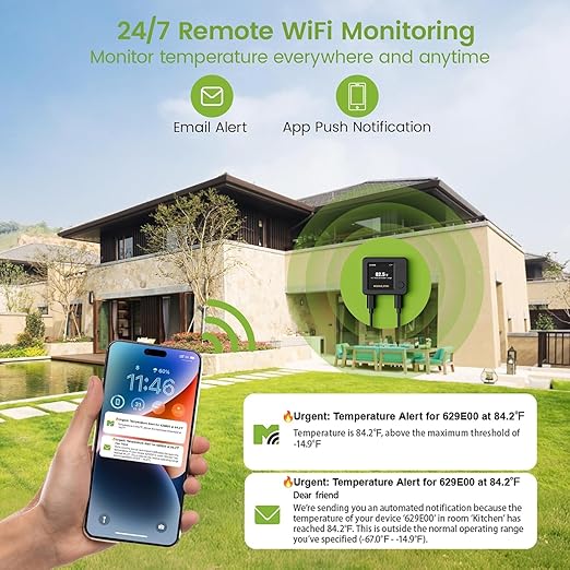 WiFi Refrigerator Thermometer 2 Pack, Freezer Alarm with App & Email Alerts, 2 Years Data Export, Smart Temperature Sensors for Home, Fish Tanks, Hot Tubs
