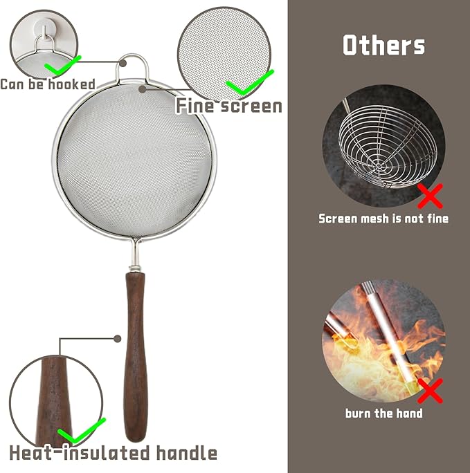 3 Set Mesh Strainer for Kitchen, Colander Skimmer 304 Stainless Steel with Wooden Handle, Sieve Sifters for Food, Tea, Rice, Oil, Noodles, Fruits, Vegetable