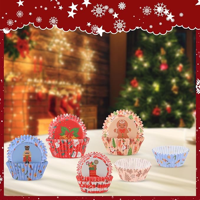 600 Pack Christmas Cupcake Liners Cupcake Wrappers Baking Cups Santa Holiday Paper Wraps Muffin Liners for Xmas Birthday Party Candy Cake Decorations Supplies(12 Styles)
