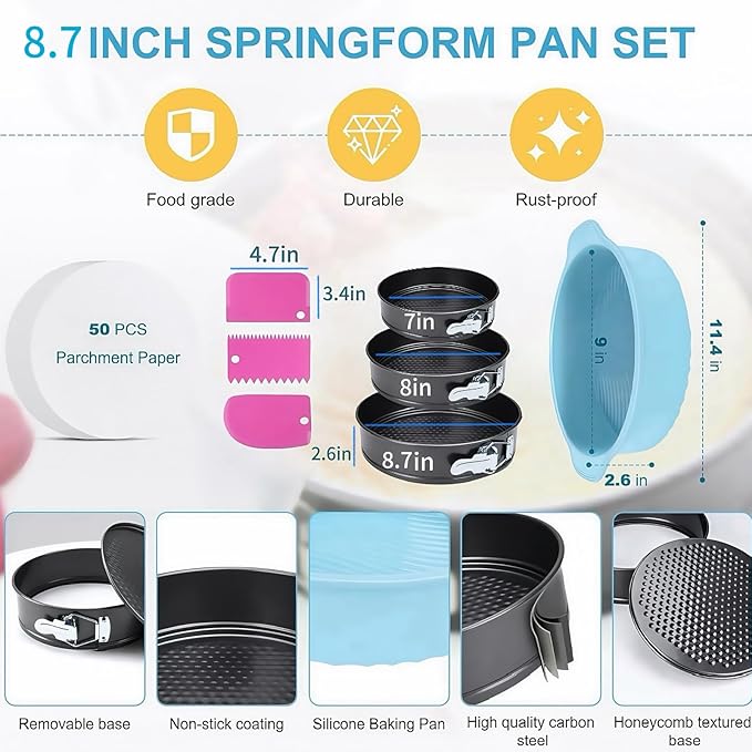 7 8 8.7 In Springform Pan, Round Leakproof Nonstick Removable Bottom Cheesecake Pan, Baking Silicone Protector with 50PCS Parchment Paper