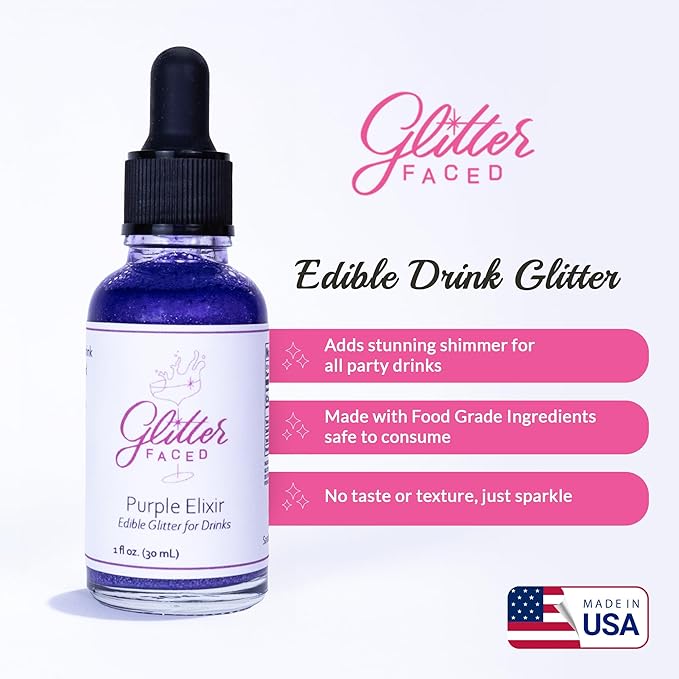Glitter Faced Purple Edible Glitter For Drinks With 0-Calories, No Taste or Texture | 30ml Food-Grade, 30 Drinks, Luster Dust | Ideal for Beverages, Galentine’s, Parties & Events | Made in USA