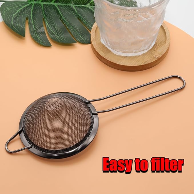 Black Fine Mesh Strainer - 304 Stainless Steel Handheld Sieve, Small Kitchen Filter for Baking, Tea & Cocktail Making(8.3inch)
