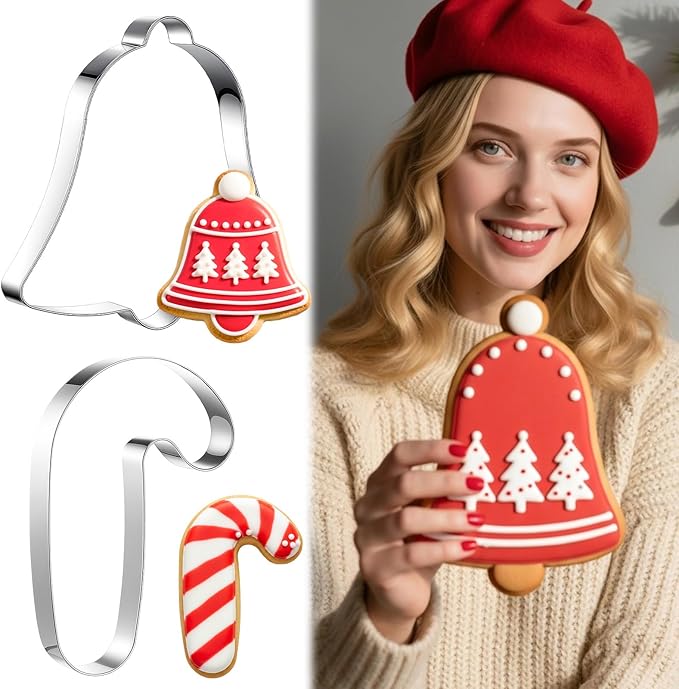 2 Pcs Extra Large Christmas Cookie Cutters 8" Giant Bell and Cane Stainless Steel Cookie Cutters for Winter Holiday Baking