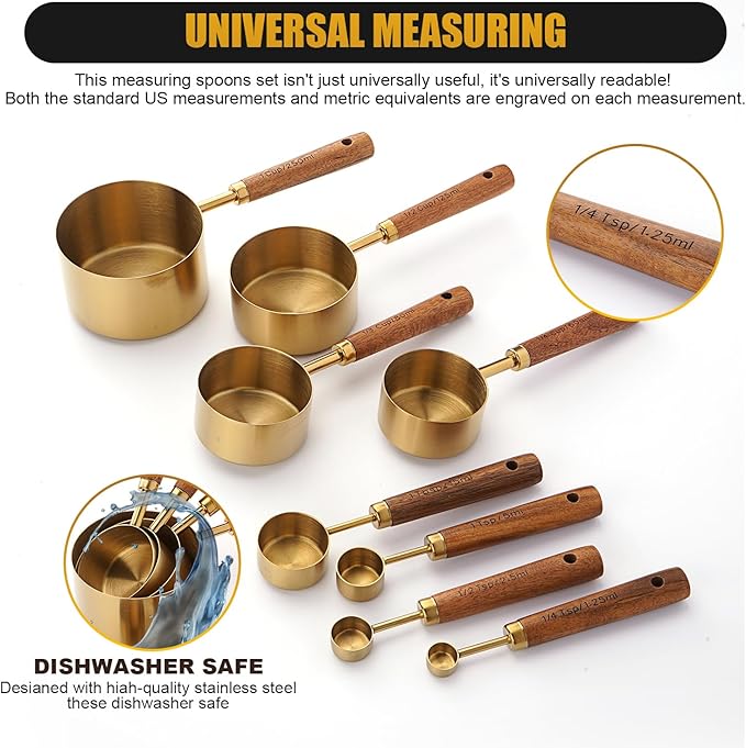 Gold Measuring Cups and Spoons Set, 8 Piece Premium Stainless Steel Measuring Cups with Wood Handles for Baking Supplies in the Kitchen (Gold)