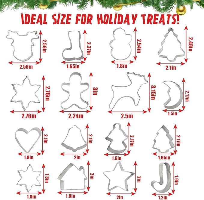 Christmas Cookie Cutter Set 16 Pack Stainless Steel Holiday Shapes (Boots, Bells, Candy Canes, Trees, etc.) for DIY Baking Decorations, Cookies, Fondant, Gingerbread, Holiday Gift Ideas