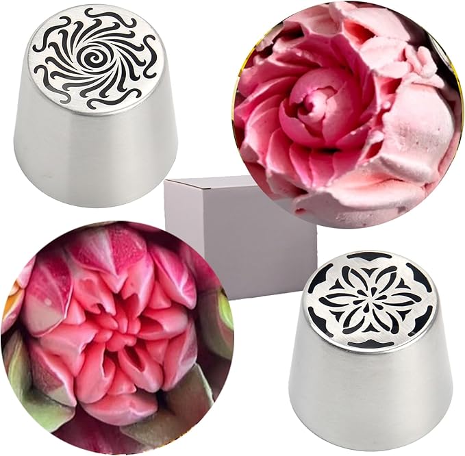 Russian Piping Tips Set 2PCS Stainless Steel Cake Decorating Kit for 3D Flowers Roses Extra Large Icing Nozzles Flower Tips Baker Tools for Wedding Birthday Cakes Cupcakes Cookies (Silver A-2)