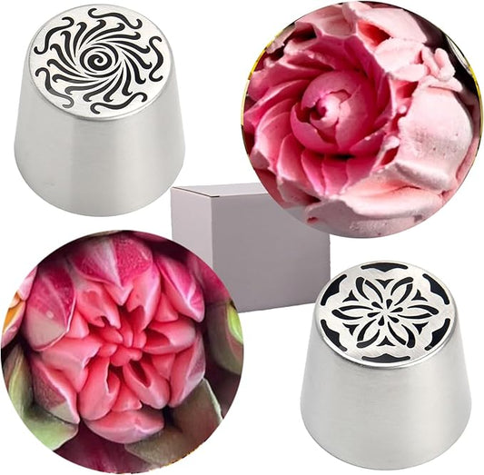 Russian Piping Tips Set 2PCS Stainless Steel Cake Decorating Kit for 3D Flowers Roses Extra Large Icing Nozzles Flower Tips Baker Tools for Wedding Birthday Cakes Cupcakes Cookies (Silver A-2)