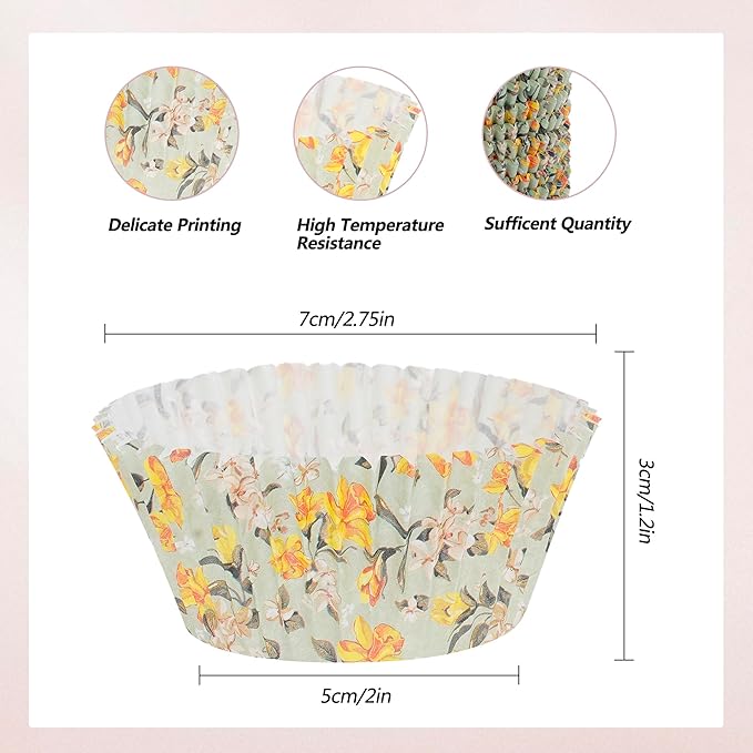 Floral Standard Cupcake Liners 400 Count Paper Baking Cups Food Grade Disposable Cupcake Wrappers, Green